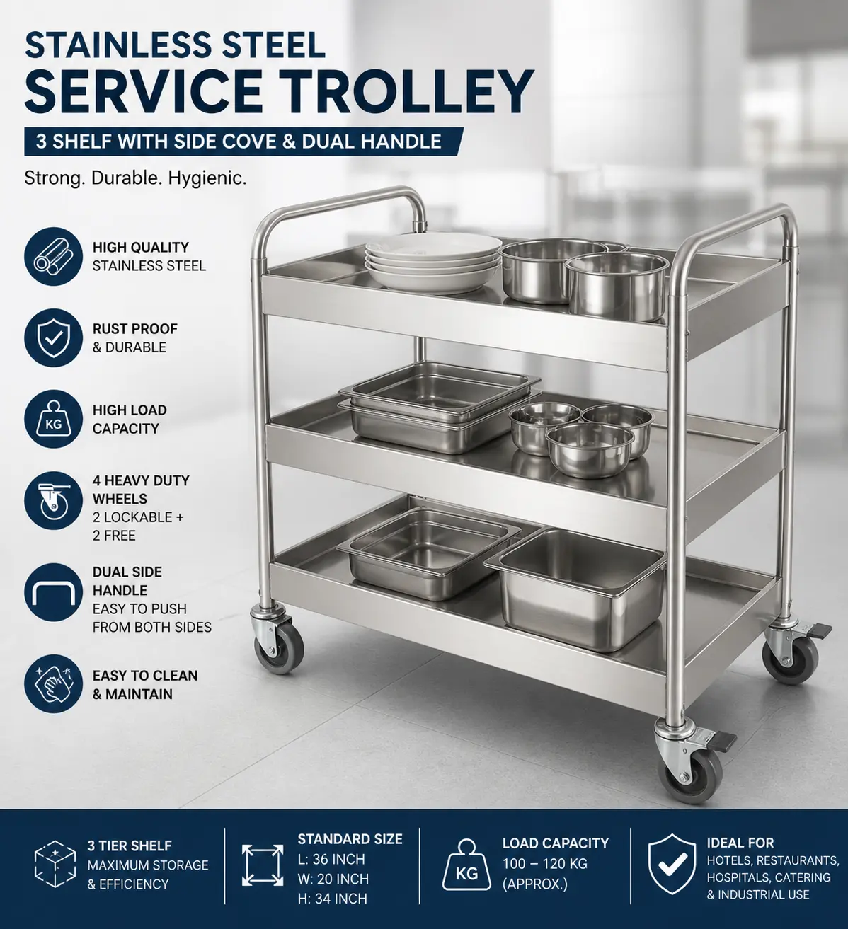 Stainless steel service trolley with 3 shelves and wheels for hotel and restaurant use